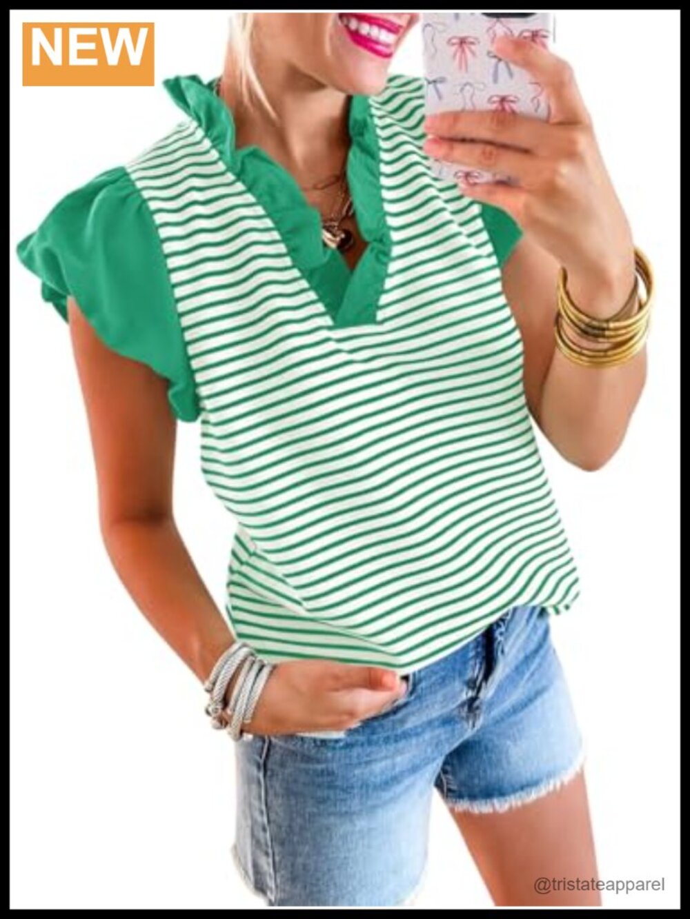 Women's Ruffle Cap Sleeve Striped Tank Top V-Neck Summer Casual Blouse